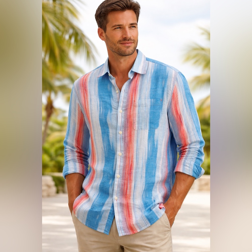 Tommy Bahama Linen Blend Button Down Shirt M Medium Blue Red Stripe 23” PTP